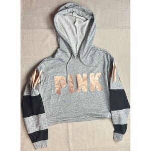 Victoria Secret PINK Hoodie Womens XS Gray Rose Gold Cropped Pullover